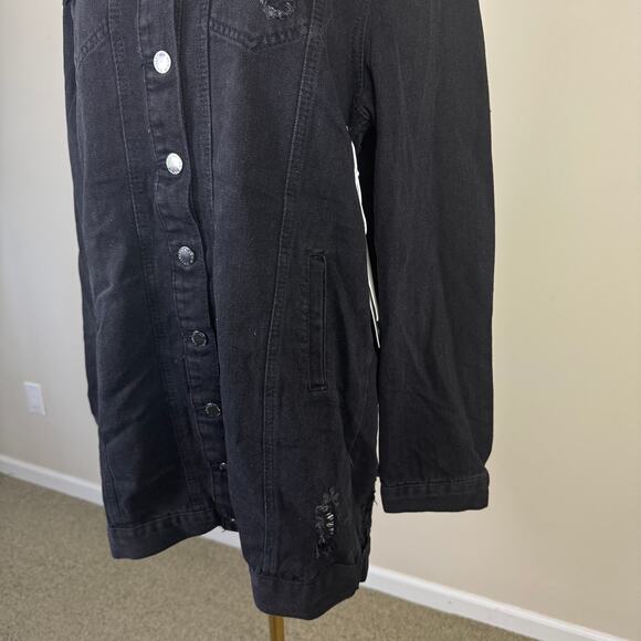 Ci Sono Distressed Long Black Denim Jacket US Women's L New - Picture 2 of 8